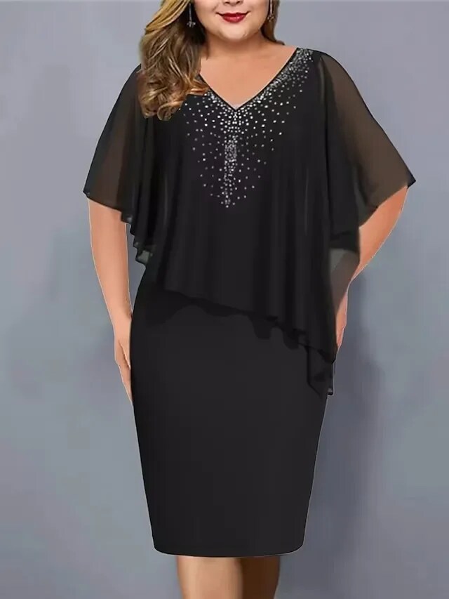 Vollexa fancy dress code Women's Short Sleeve V Neck Dress, Midi Length, Bodycon, Plus Size, Fashion, Elegant, Formal Occasion Dresses, Monochromatic