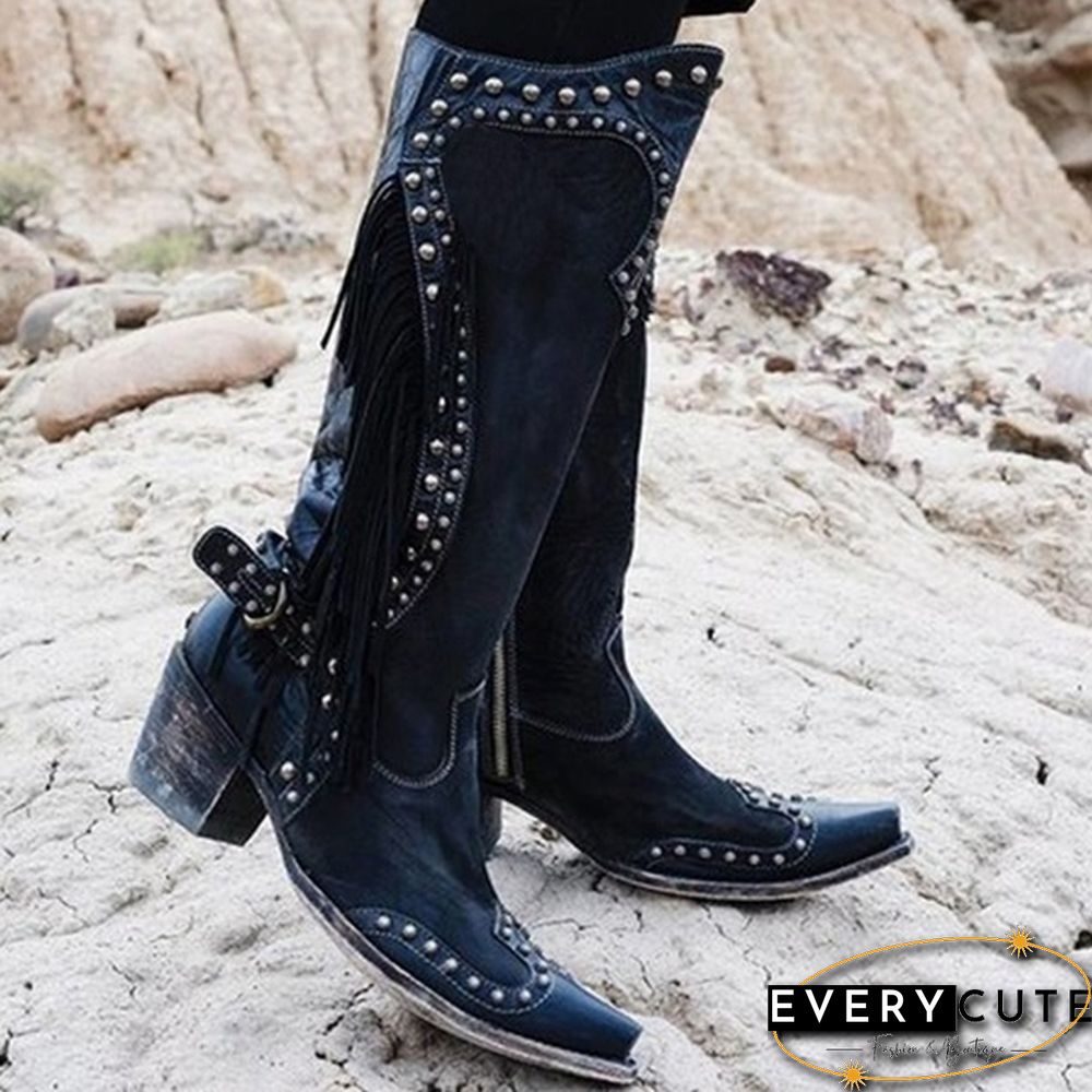 Womens Knee High Boots Leather Riding Boots Medieval Western Cowgirl Boots Tall Boots Autumn Winter Warm Pointed Toe Flat Martin Boots Fashion Ladies Chunky Heel Ankle Boots Shoes