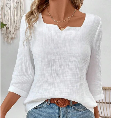 Women's Shirt Blouse Solid Color Daily Basic 3/4 Length Sleeve Notched Neck White Summer