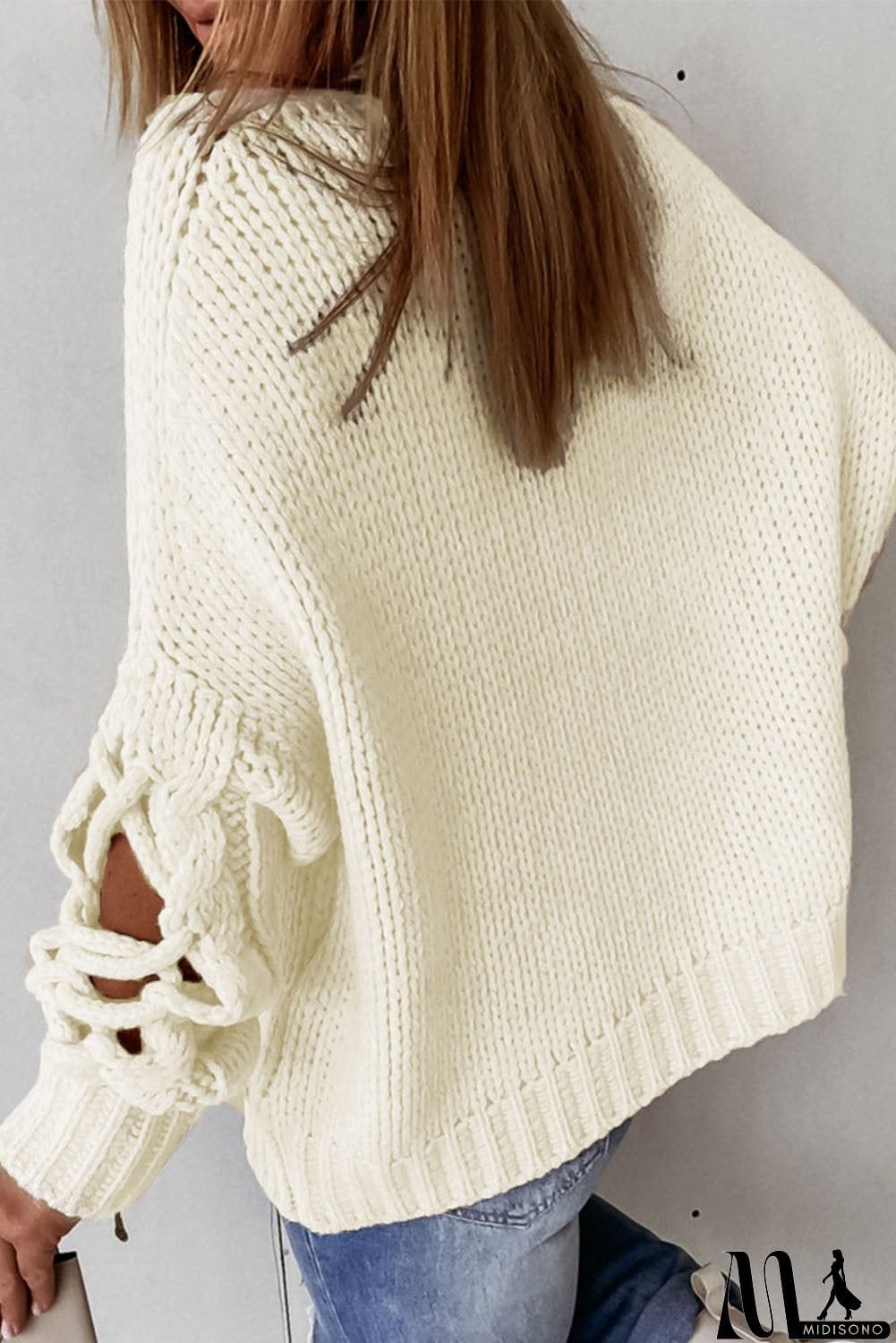 MidiSono - High Neck Cable Knit Hollow-out Sleeves Sweater
