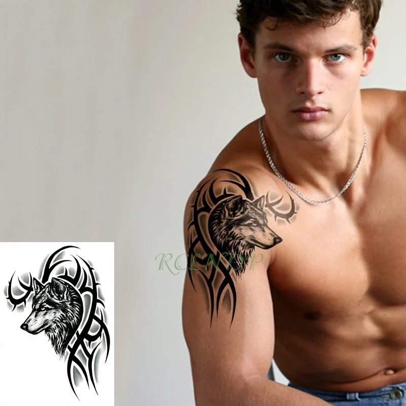 Waterproof Temporary Tattoo Sticker Wolf Indian Tribal Mighty Warrior Man Tatto Flash Tattoos Black Big Size Tatoo for Men Women