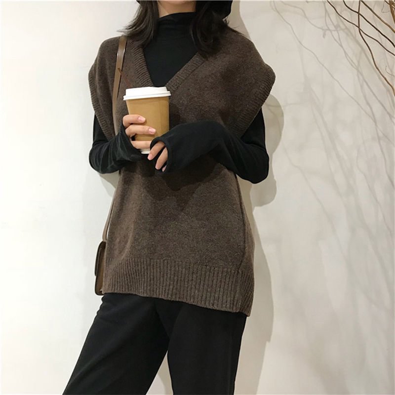 Elegant Solid Women Sweater Vest Retro V-neck Knitted Leisure All-match Female Japanese Style Ulzzang Chic Tops Outwear Pullover