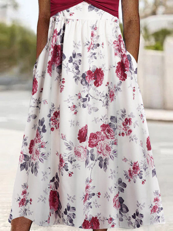 Women's Short Sleeve Scoop Neck Floral Printed Midi Dress