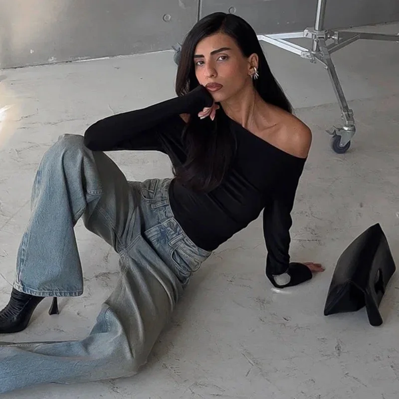 Uveng Uveng Women's Wear 2024 Autumn And Winter New Sexy Diagonal Collar Solid Color Slim And Versatile Knit Long Sleeve Bottom Top