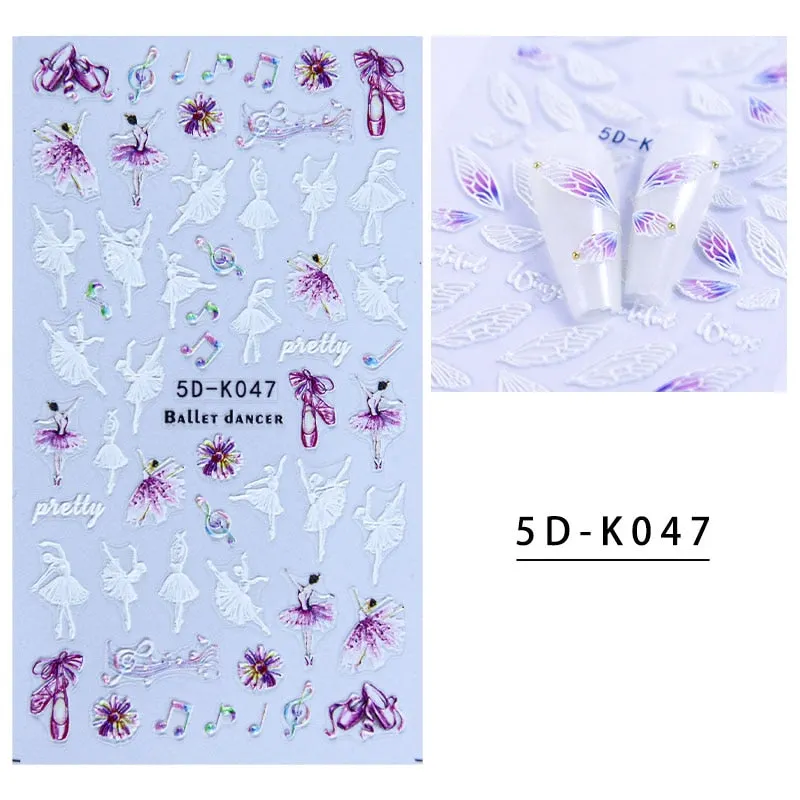 5D Butterfly Nail Sticker Engraved White Flower Sliders Embossed Lace Wedding Nail Art Design Monogram Decals Manicure Tools-Nail Inspo