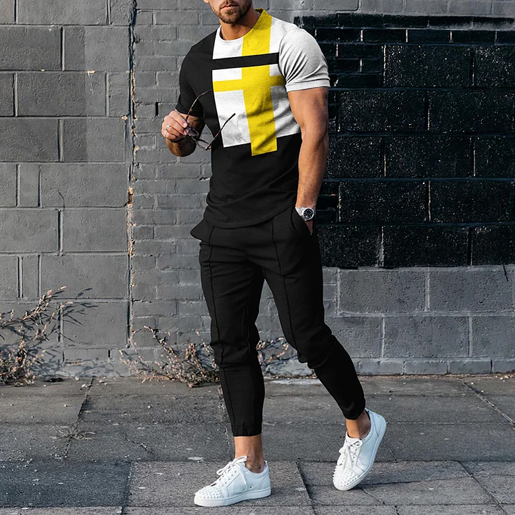 BrosWear Fashion Color Contrast Geometry T-Shirt  And Short Co-Ord