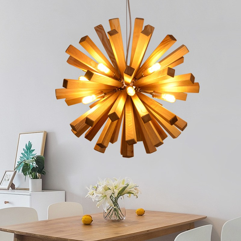 Nordic Wood Chandelier Dandelion-Shaped Pendants Lights For Bedroom
