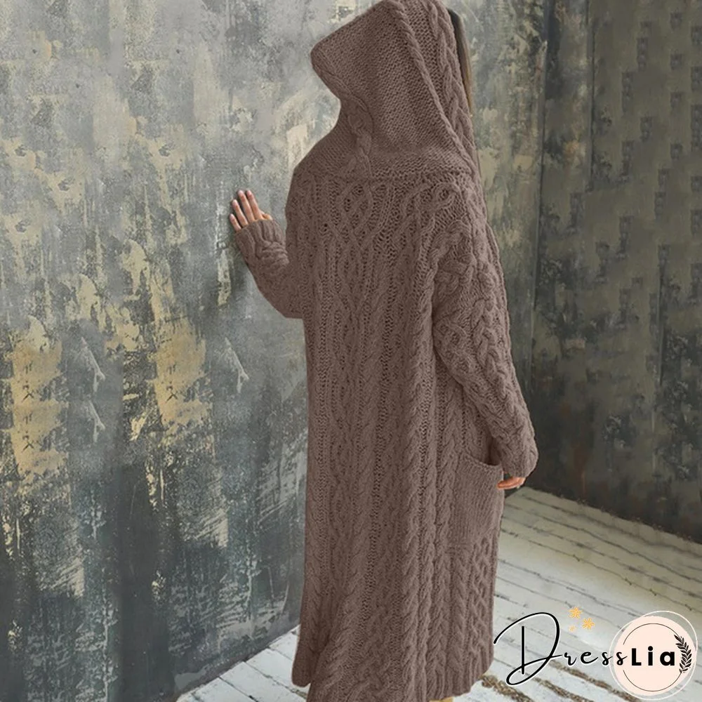HOT Autumn/Winter Fashion Womens Coat Knit Hooded Sweater Loose Mid-length Casual Streetwear Knitted Cardigan Jackets for Women Outwear vestidos mujer Plus Size casacos de inverno feminino