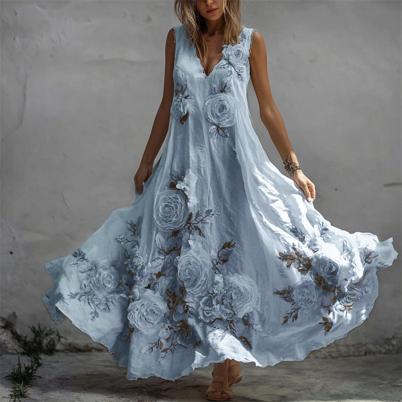 Zwiewna lniana sukienka maxi w białe róże w stylu vintage