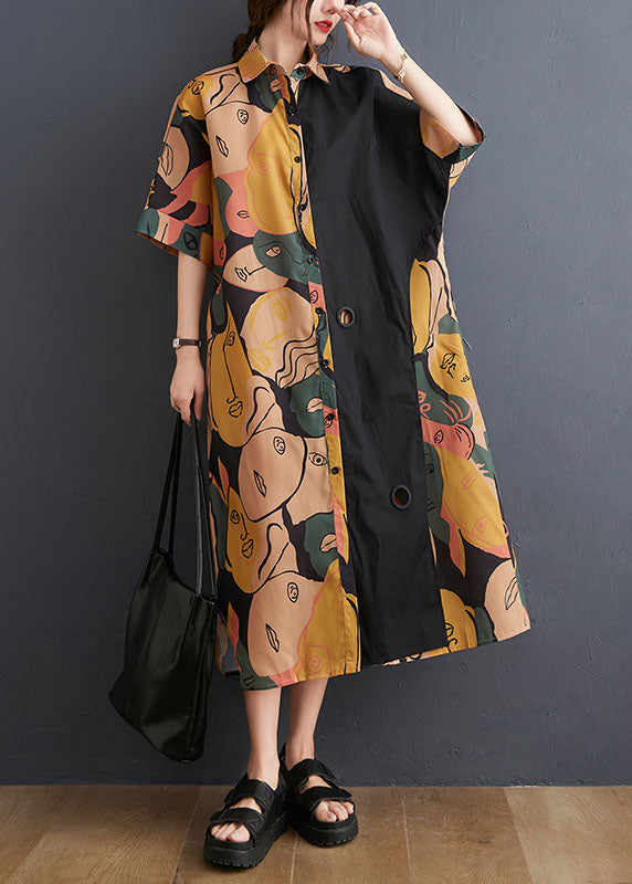 VCSHOES Colorblock Peter Pan Collar Side Open Graphic Patchwork Cotton Shirt Dress Batwing Sleeve