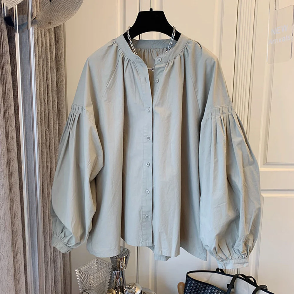 Womens Tops and Blouses Causal Puff Sleeve O-neck Causal Shirts 2023 Spring New Korean Solid