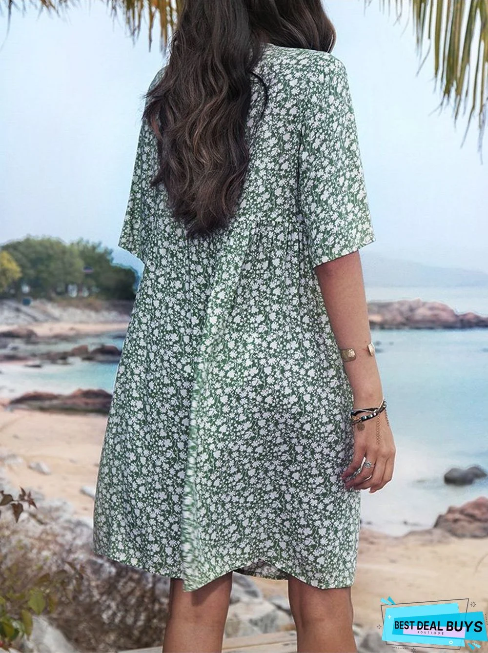 Boho Floral Print Short Sleeve Knee Length Dress