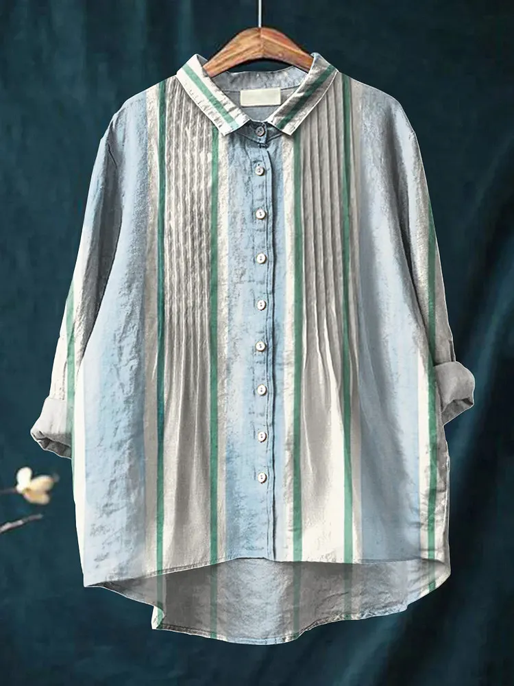 Women's Plaid Pattern Art Print Casual Cotton And Linen Ruffle Shirt