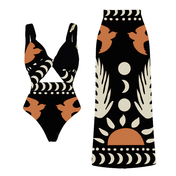 Retro Print Cutout One Piece Swimsuit and Skirt Flaxmaker