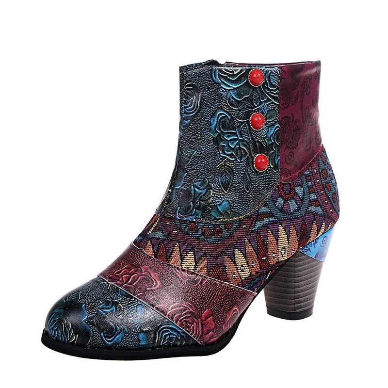 Wongn Wongn Plus Size Bohemian Female Martens Ethnic Style Casual Vintage Stitching High Heel Short Leather Boots