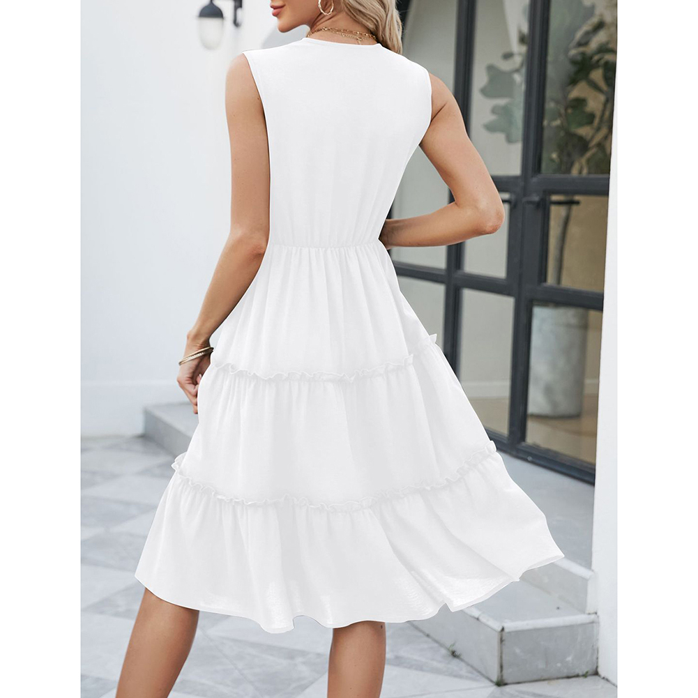 White Lace V Neck Tiered Sleeveless Casual Dress