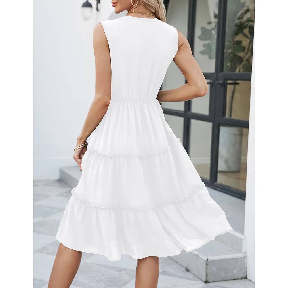 White Lace V Neck Tiered Sleeveless Casual Dress