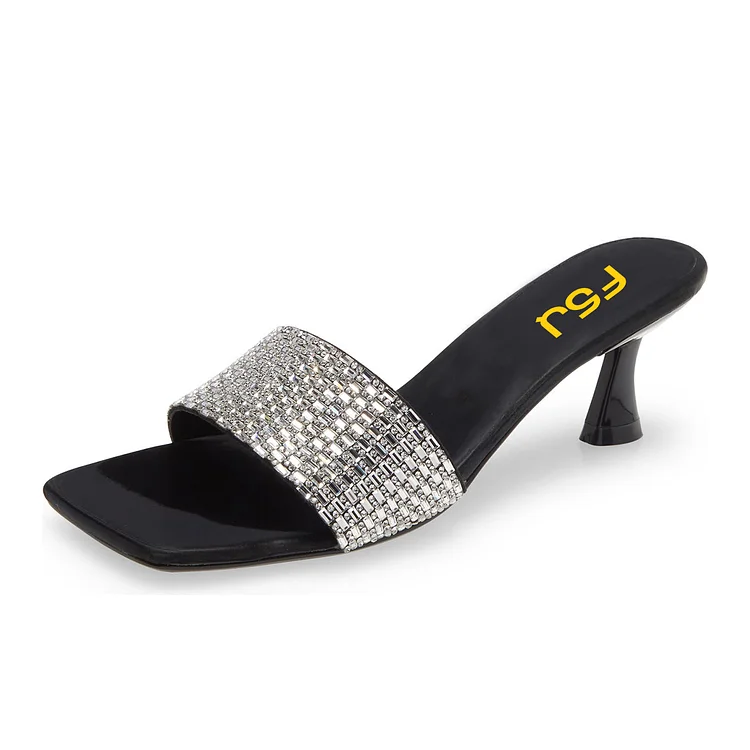 Black Open Toe Rhinestone Heeled Slide Sandals |FSJ Shoes