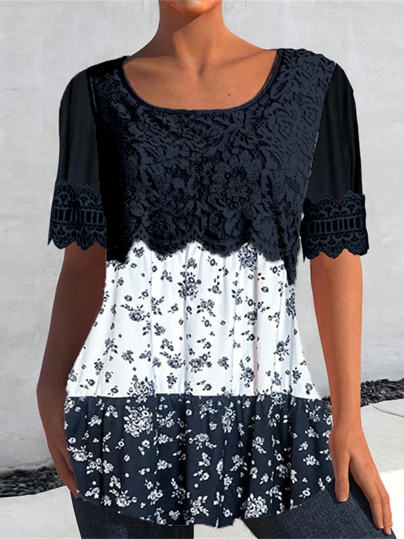 Women's Short Sleeve Scoop Neck Lace Stitching Graphic Top