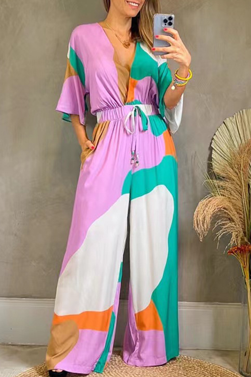 Casual Print Split Joint V Neck Straight Jumpsuits(3 colors)