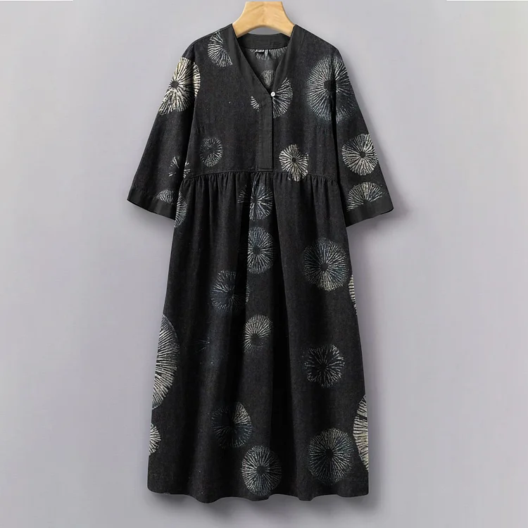 Vintage Japanese Traditional Sashiko Art Pattern Painting V-Neck Long Sleeves Dress