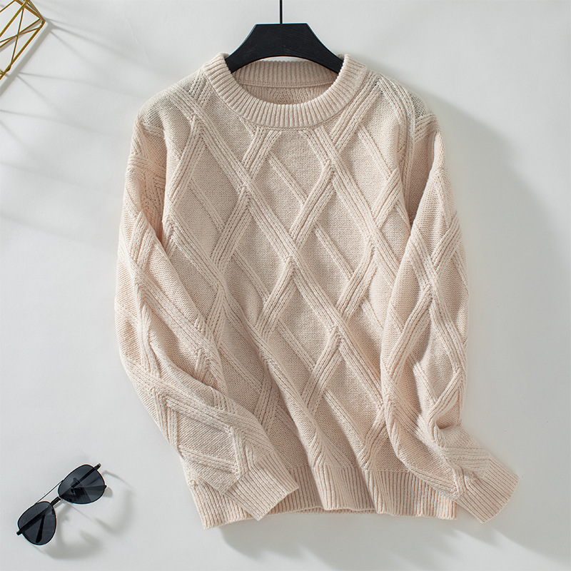 Mature Women Diamond Pullover Loose Round Neck Sweater