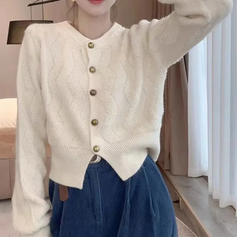 Churchf Churchf Winter New Round Collar Small Fragrant Wind Small Single Breasted Cardigan Sweater Versatile Thick Knit Jacket Female