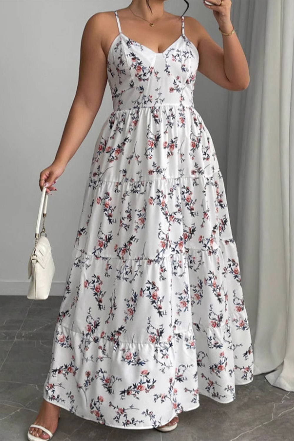 Plus Size Vacation White Ditsy Floral Print Spaghetti Strap Layered Cottagecore Maxi Dress 2024 - Flycurvy 