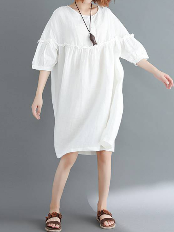 Loose Lantern Sleeve Solid Color Midi Dress