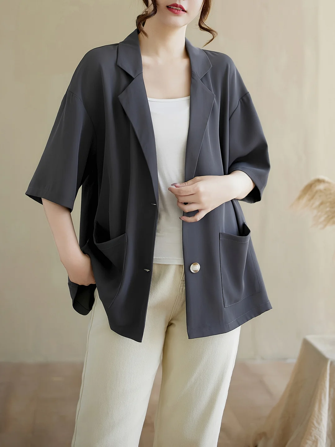 Women's Plus Size Lightweight Short Sleeve Blazer Cardigan - Solid Color Lapel Button Front, Machine Washable Non-Stretch Fabric For Spring Summer Casual Commuting & Office Wear, Work Attire, Classic Style, Breathable Material, Working Women | IFYHOME