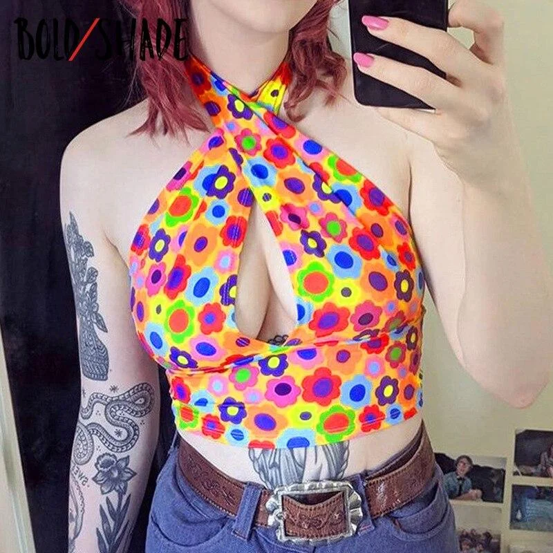 Bold Shade 2000s Aesthetic Floral Print Tops Sleeveless Indie V-Neck Sexy Criss Cross Halter Tops E-girl Style Summer Vest 2021