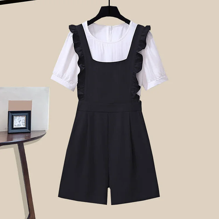 Pure Color Round Collar T-Shirt Lace Up Overalls Two Pieces Set - Modakawa modakawa