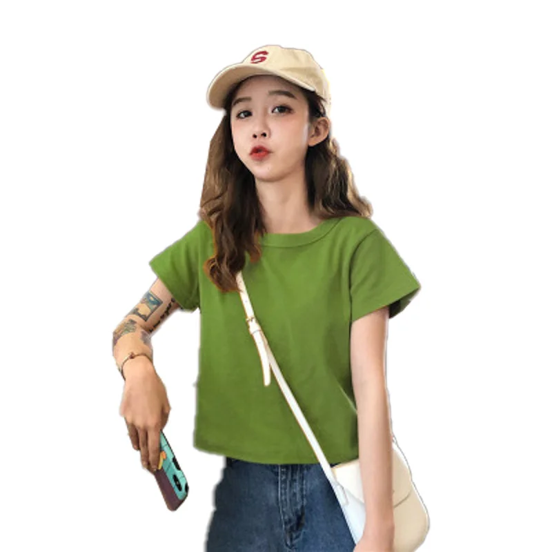 Uveng Uveng Cotton 2024 Summer Wear New Pure Cotton Short Style Show Thin Crop Short-Sleeve T-Shirt Women's Slim And Versatile Pure Color Jacket Tide