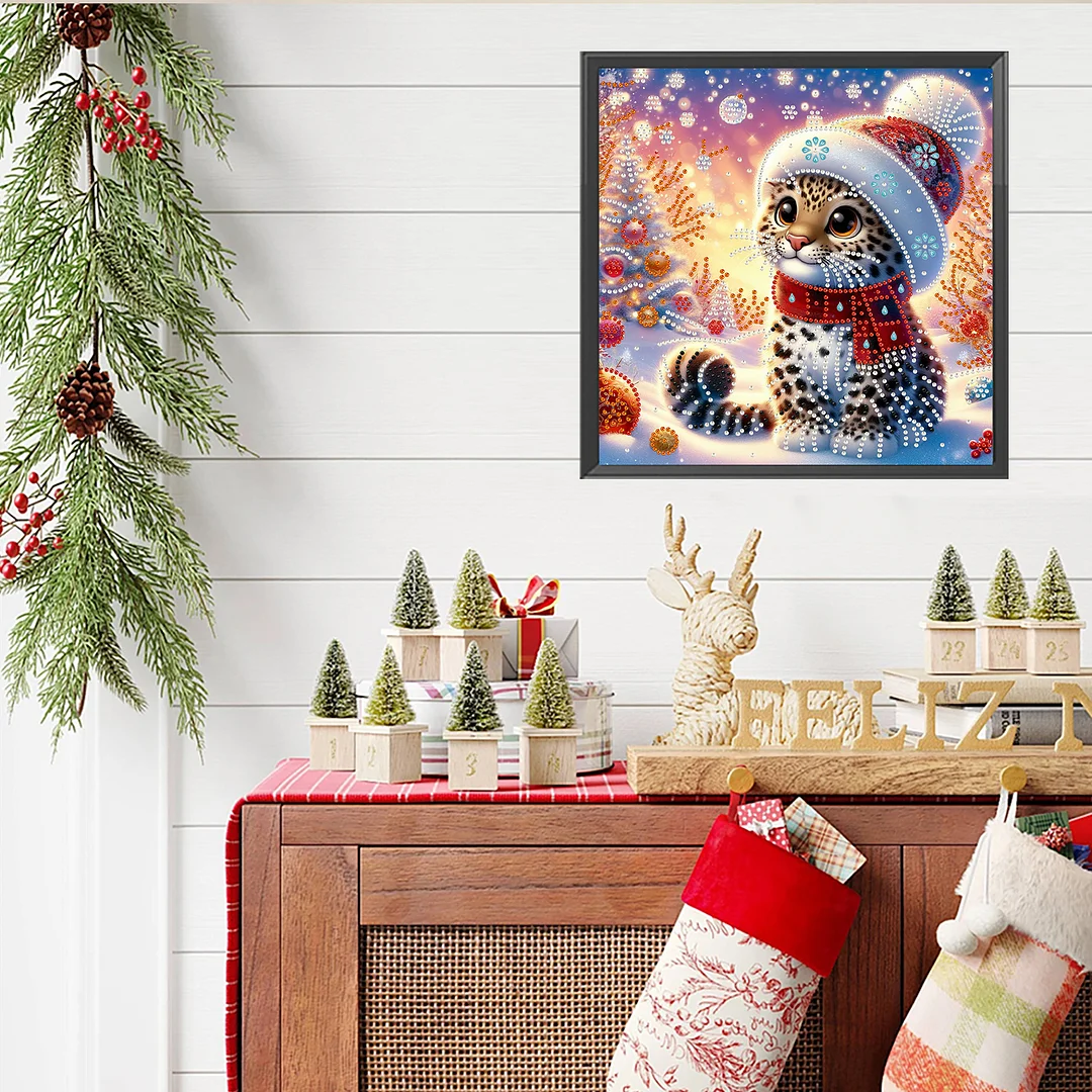 Christmas Leopard - Diamond Painting - Partial Special Shaped Drill(Canvas|30*30cm)