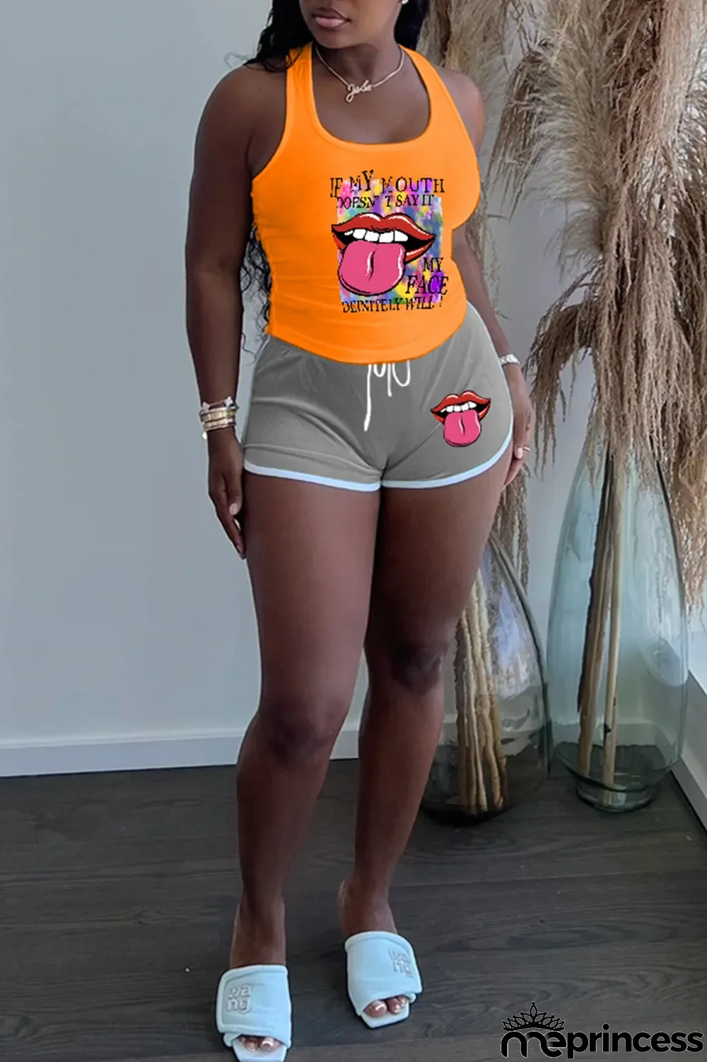 Orange Green Street Lips Printed Patchwork U Neck Sleeveless Two Pieces