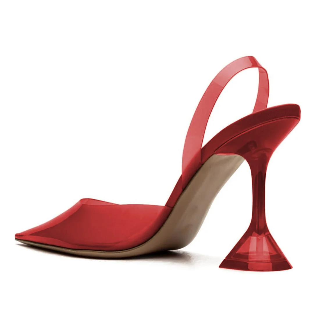 Red Transparent Pointed Toe Slingback Pumps with Flared Heel
