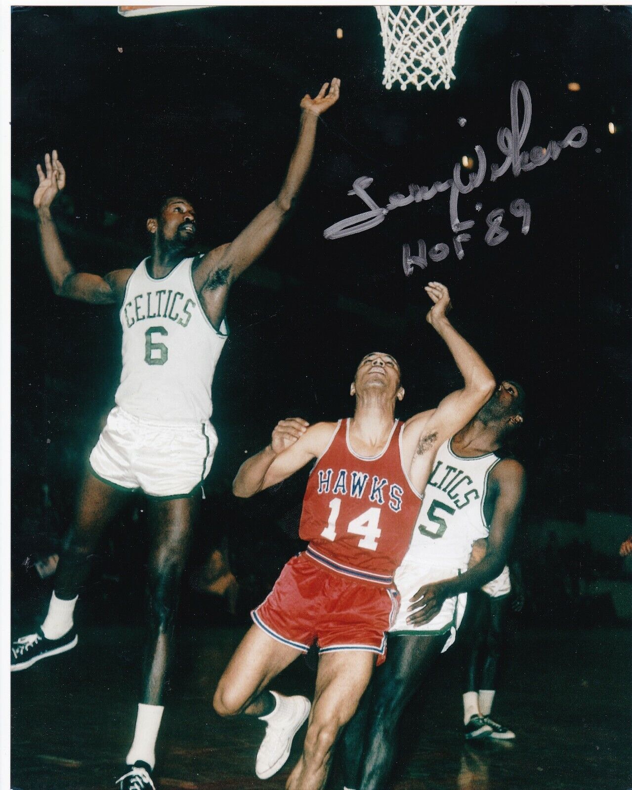 LENNY WILKENS ST. LOUIS HAWKS HOF 89 ACTION SIGNED 8x10