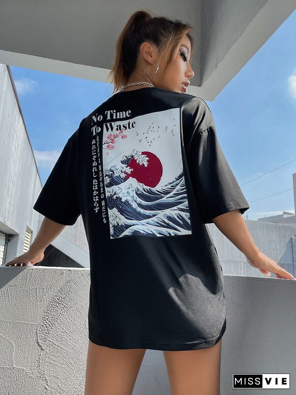 Japanese Graphic FallingShoulders Street T-Shirt Women All-Match Cotton Summer Tops