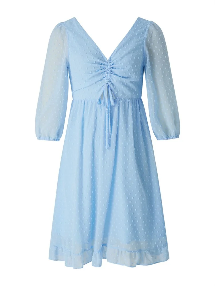 Elegant Women Dress Jacquard Dotted Three Quarters Puff Sleeve Ruffles Hem V-neck Cutout Backless Tie-up A-Line Dress