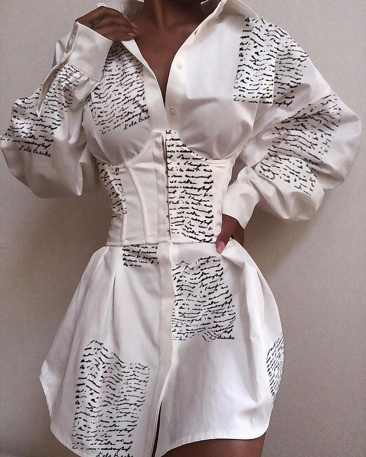 Turn-down Collar Letter Print Buttoned Shirt Dress
