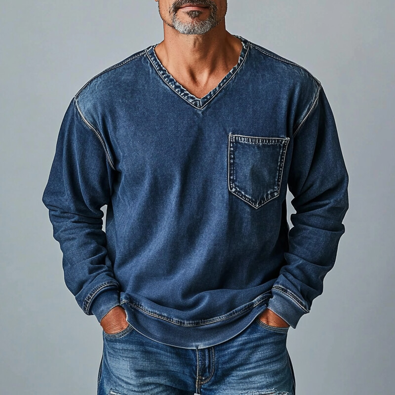 Men's Denim V Neck Chest Pocket Long Sleeve Sweatshirt