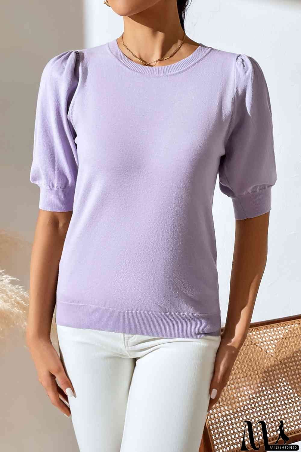 MidiSono - Round Neck Puff Sleeve Knit Top