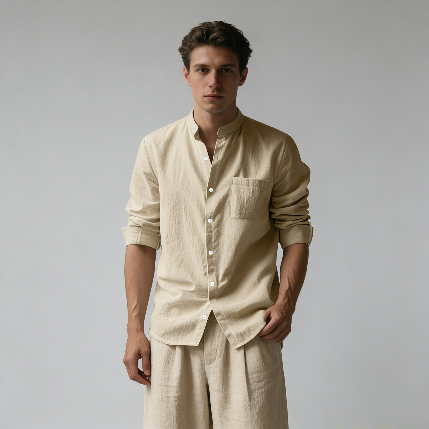 Linen Shirt Men Linen Mandarin Collar Pocket Shirt REAL SILK LIFE