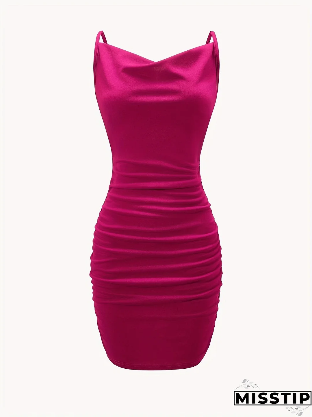 Solid Cowl Neck Mini Dress, Ruched Side Body Con Cami Dress , Women's Clothings