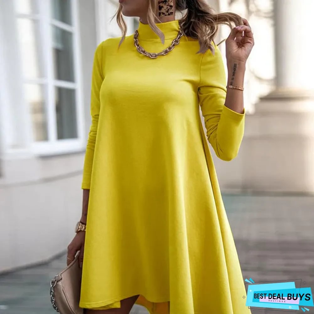 Solid Color Long Sleeve Turtleneck Loose Dress