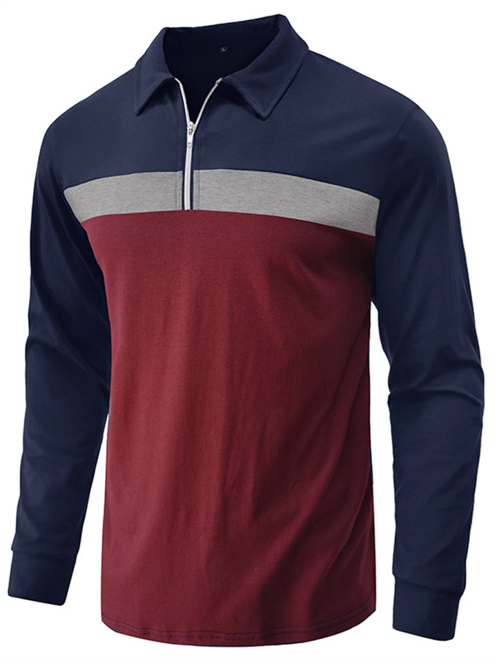 Daily Men's T-shirt Lapel Splicing POLO Shirt Men's Long-sleeved Tops Basic Public Burgundy Blue S-XXL