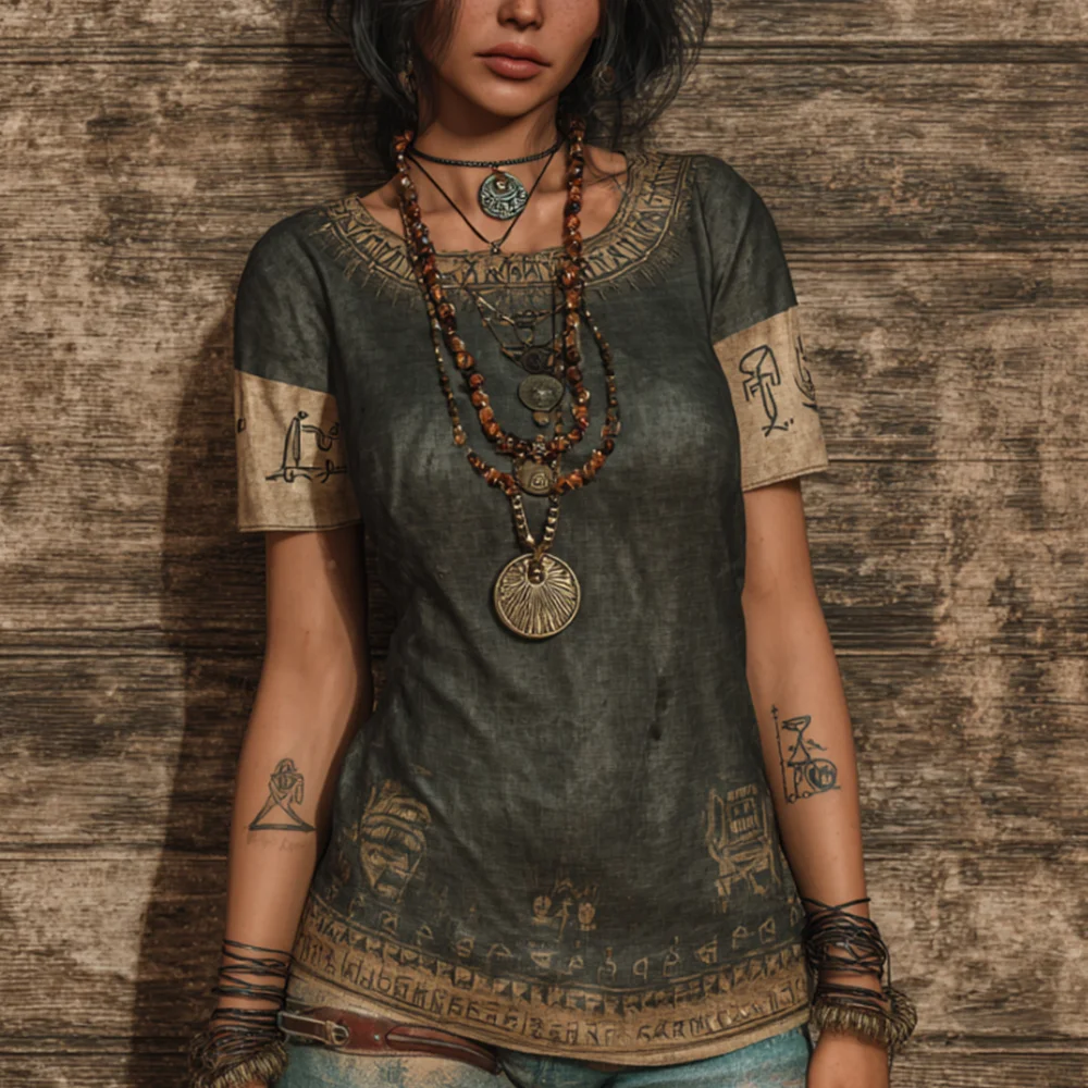 Egyptian Embroidery Symbol Plant Dye Short-sleeved Shirt
