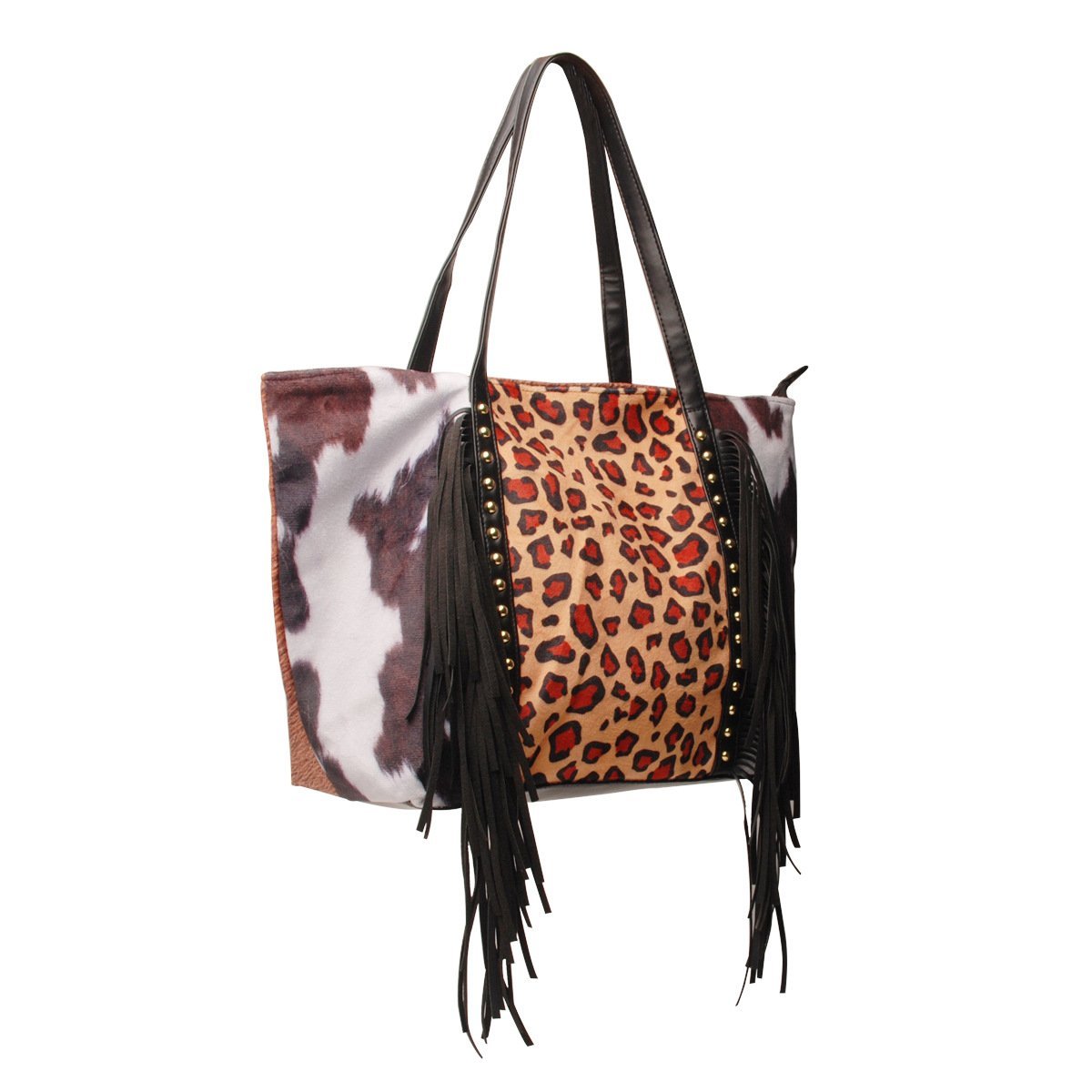 Leopard cow print sunflower sunflower tassel rivet PU super large capacity shoulder bag