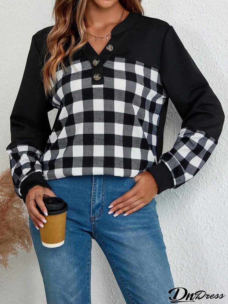 Women's Black Patchwork Plaid Patterned Long-Sleeve Sweatshirt For Autumn