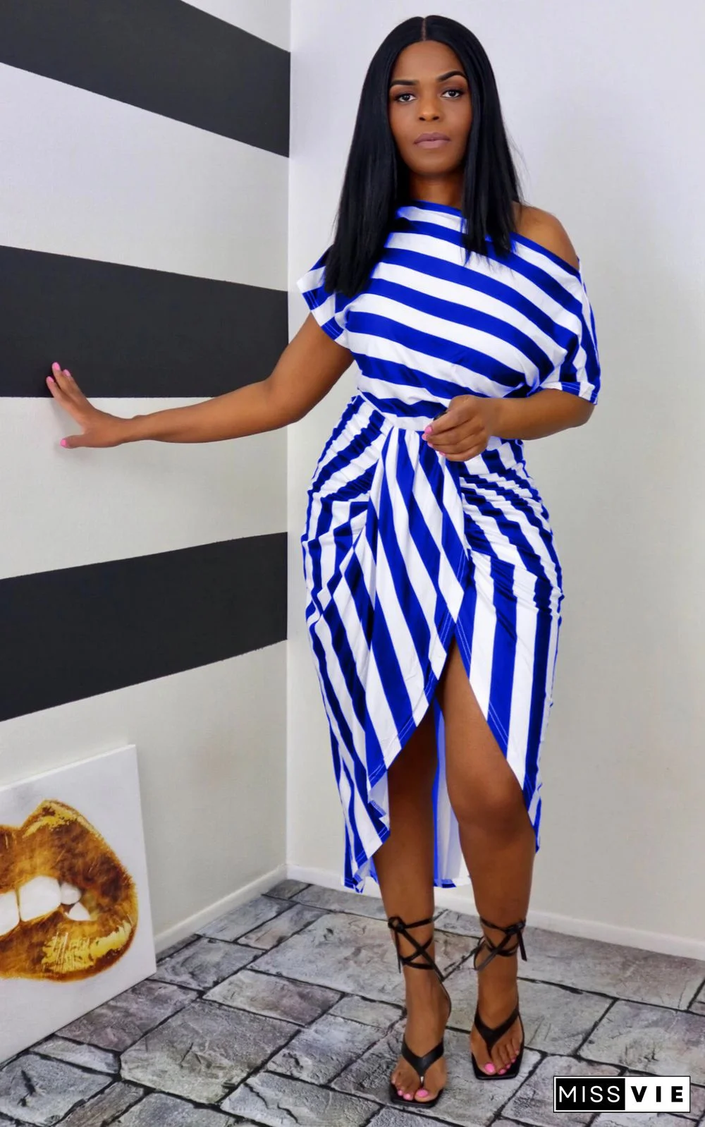 Fashion Stripe Printed Short Sleeve Skinny Irregular Midi Dress